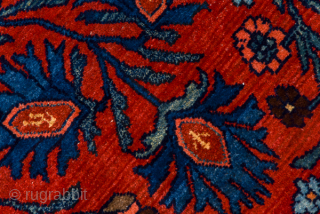 Antique Persian Bidjar Carpet, Circa 1900. Grand slate-blue lozenge medallion set within a richly detailed crimson Herati field framed by multiple finely woven floral borders.
8'0" x 13'0"
Item No: 84900