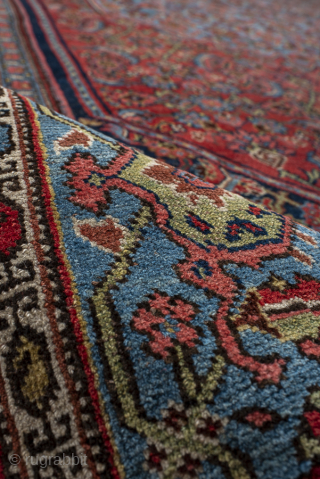 Antique Persian Bidjar Carpet, Circa 1900. Grand slate-blue lozenge medallion set within a richly detailed crimson Herati field framed by multiple finely woven floral borders.
8'0" x 13'0"
Item No: 84900
