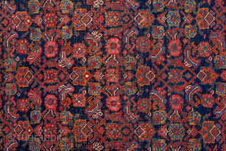 Antique Persian Bidjar Runner, Circa 1910. Finely woven allover Herati design across a deep midnight blue field framed by a bold terracotta tribal border.

4'6" x 8'7"

Item No: 99044     