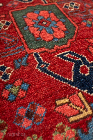 Antique Persian Bidjar Carpet, Circa 1910. Vibrant allover Herati pattern woven across a rich terracotta field framed by an eye-catching sky-blue floral border.
4'5" x 6'8"
Item No: 99576