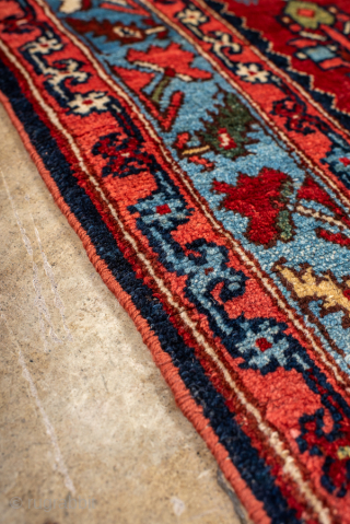 Antique Persian Bidjar Carpet, Circa 1910. Vibrant allover Herati pattern woven across a rich terracotta field framed by an eye-catching sky-blue floral border.
4'5" x 6'8"
Item No: 99576
