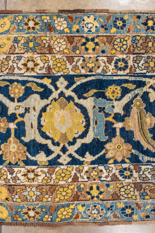 Antique Persian Bidjar Runner, Circa 1900. Rare scrolling floral vine design woven across a rich midnight blue field and framed by multiple delicately ornamented ivory and sky-blue borders.
3'8" x 14'5"
Item No: 99859