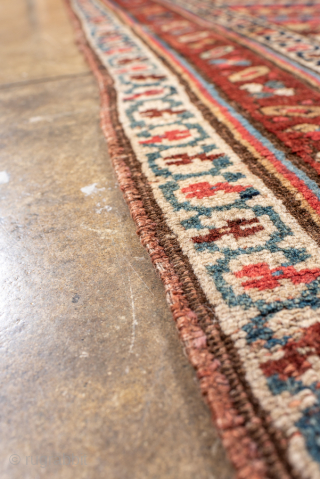 Antique Persian Bidjar Runner, Circa 1910. Rare allover diagonal striped design filled with finely woven geometric motifs in warm terracotta, ivory, and indigo.
3'2" x 16'6"
Item No: 99888