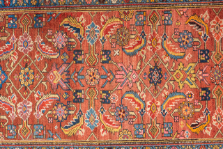 Antique Persian Bidjar Runner, Circa 1900. Finely woven allover Herati design across a warm terracotta field framed by an elegant ivory geometric floral border.

3'7" X 19'0"

Item No: 99097     