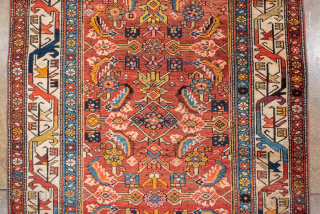 Antique Persian Bidjar Runner, Circa 1900. Finely woven allover Herati design across a warm terracotta field framed by an elegant ivory geometric floral border.

3'7" X 19'0"

Item No: 99097     