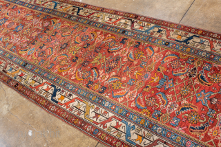 Antique Persian Bidjar Runner, Circa 1900. Finely woven allover Herati design across a warm terracotta field framed by an elegant ivory geometric floral border.

3'7" X 19'0"

Item No: 99097     