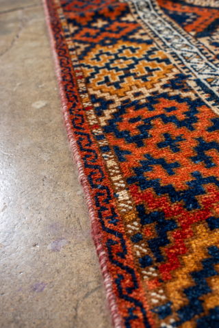 Antique Persian Kurdish Rug, Circa 1900. Vibrant allover lattice of hooked diamond medallions woven across a warm camel field framed by a bold geometric border.
4'3" x 6'0"
Item No: 99967