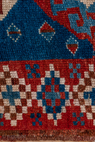Antique Persian Kurdish Rug, Circa 1900. Dramatic series of hooked hexagonal medallions woven across a brilliant sapphire-blue field framed by vibrant serrated tribal borders.
2'9" x 8'8"
Item No: C93657