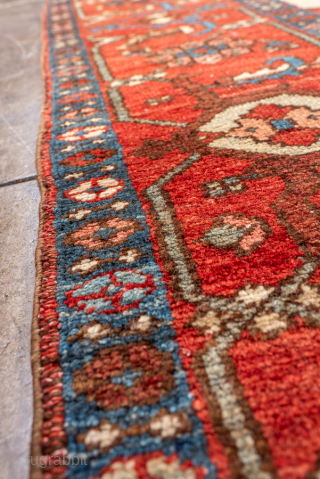 Antique Persian Serapi Rug with Bold Geometric Medallion, Circa 1880. Monumental geometric medallion surrounded by boldly drawn floral and botanical motifs.

10'9" x 12'1"

Item No: 101159        