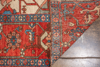Antique Persian Serapi Rug with Bold Geometric Medallion, Circa 1880. Monumental geometric medallion surrounded by boldly drawn floral and botanical motifs.

10'9" x 12'1"

Item No: 101159        