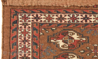 Yomut chuval complete with kilim back. Cm 127x79. Late 19th/early 20th century. Beautiful antique chuval with 4x4 Gouls field design. Secondary Gouls with cross/snow flake design in dual color combination including wonderful  ...