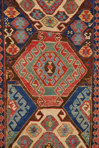 Antique Talish from South Caucasus. Beautiful and rare "kilim" design with multicolor hooked medallions with ram’s horns and Mother Goddess figures. Classic main border on white ground with big palmettes, eight pointed  ...