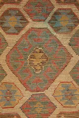 Antique Talish from South Caucasus. Beautiful and rare "kilim" design with multicolor hooked medallions with ram’s horns and Mother Goddess figures. Classic main border on white ground with big palmettes, eight pointed  ...
