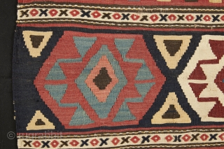 Beautiful Shahsavan kilim front panel (92x54cm) datable at the beginning of the 20th century with soft wool. Outstanding colors combination with the characteristic Shahsavan apricot, green, deep blue and brick red. This  ...