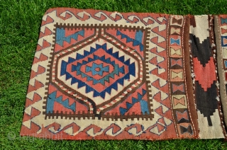 Antique Varamin Kurd kilim khorjin. Circa 1900. 4 ft. 2 in. X 1 ft. 10-1/2 in. Natural colors. Very good condition. See Reinisch "Sattel Taschen" Pl. 32 and Jenny Housego's "Tribal Rugs"  ...