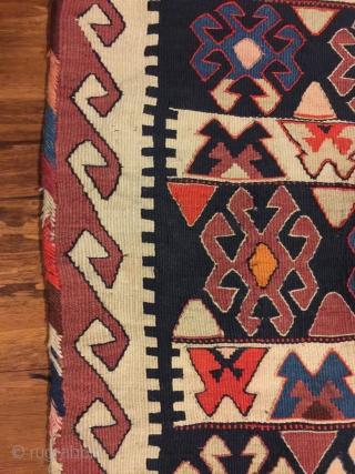 Antique kilim khorjin, Kurds of Varamin. 55” X 25-1/2”. Circa 1900. Good colors. Complete and in untouched original condition with intact edge wrapping and closure loops.       
