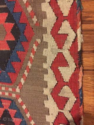 Antique kilim khorjin, Kurds of Varamin.. 52” X 21”. Circa 1900. All natural dyes. Complete and in excellent original untouched condition.            