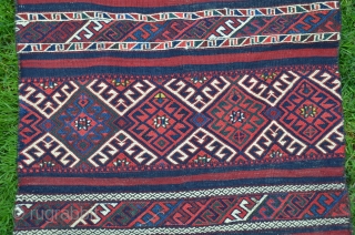 Western Anatolian flatwoven çuval (Karakeçili). 48 in. X 27-1/2 in. Circa 1900. All natural dyes. Reciprocal brocaded designs on face and striped plainwoven back. Almost perfect unused condition.     