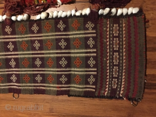 Baluch pul donneh (money bag- or utility bag hung inside the tent). 35" X 10-1/2 in. All wool. Complete with festive multicolored tassels . Goat hair edge wrapping. Weft substitution weave. Perfect  ...