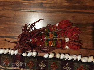 Baluch pul donneh (money bag- or utility bag hung inside the tent). 35" X 10-1/2 in. All wool. Complete with festive multicolored tassels . Goat hair edge wrapping. Weft substitution weave. Perfect  ...