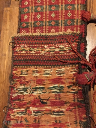 Baluch trapping, 72"x11" . First 1/2 20th C. All wool. Natural colors. Goat hair edge wrapping. Decorative tassels. Weft substitution weave. Nearly perfect condition.         