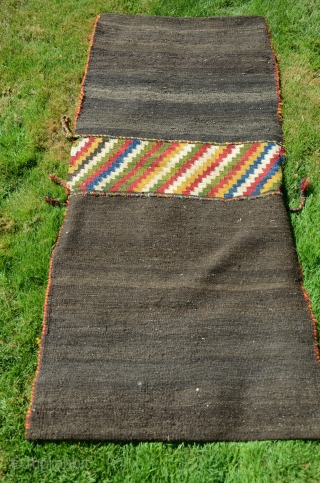 NW Persian flat woven khorjin. 57" X 25". Early 20th C.  Wool. Dovetailed tapestry. Bright stable cheerful colors. Plain woven back in natural undyed black wool. Lovingly kept in almost perfect  ...