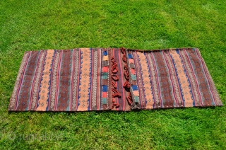 Shahsavan of Varamin flat woven khorjin. 5'2"X 2'1". Wool. All warm natural dyes. Circa 1900. Excellent condition. Similar to example in Tanavoli's "Rustic and Tribal Weaves from Varamin" Pl. 45 p.76. Minute  ...