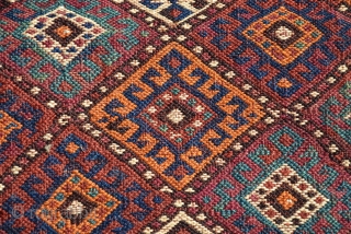 Kordi flatwoven chanteh, knotted weft wrapping 1’4” X 1’3”. Lain district Eastern Khorasan. Early 20thC. Natural colors. Excellent condition.              