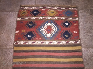 Shahsavan soumac end panels salvaged from damaged mafrash and sewn to part of bottom to make a wall hanging. 3’5” X 1’9”. 19th C. Wool.  Fine soumac in beautiful warm natural  ...