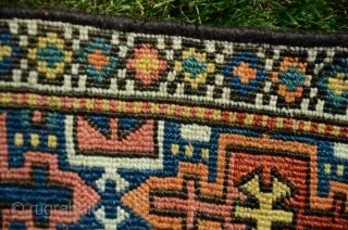 Rare antique Kordi flatwoven khorjin.1’8-1/2”X4’2”. Circa 1900. Wool. Saturated natural dyes. Knotted weft wrapping from Lain district of Khorasan. For comparable example see Wilfried Stanzer’s “Kordi” pp. 182-183. Perfect condition. Ex Adil  ...