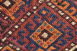 Kordi flatwoven chanteh, knotted weft wrapping 1’4” X 1’3”. Lain district Eastern Khorasan. Early 20thC. Natural colors. Excellent condition.              