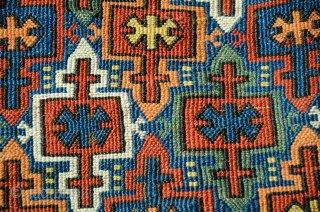 Rare antique Kordi flatwoven khorjin.1’8-1/2”X4’2”. Circa 1900. Wool. Saturated natural dyes. Knotted weft wrapping from Lain district of Khorasan. For comparable example see Wilfried Stanzer’s “Kordi” pp. 182-183. Perfect condition. Ex Adil  ...