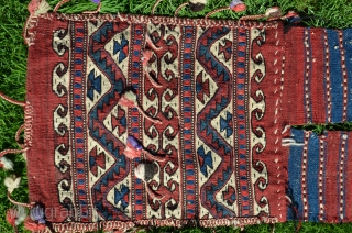 Western anatolian heybe, Kilaz, farda (kilim) technique. 4 ft. 2 in. X 1 ft. 2-1/2 in. Circa 1900. Wool. Probably a dowry/bridal piece with intact pompom tassels. Very good condition - slight  ...