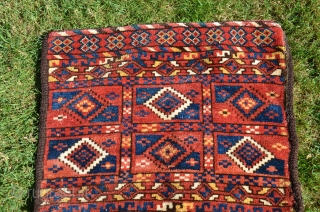 Antique Kyrgyz pile khorjin. 3'8" X1'11-1/2". Circa 1900. All wool. Saturated natural dyes. Full luxuriant pile. Decorated bridge. Plainwoven back. Nearly perfect condition.          