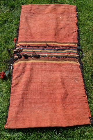 Afshar flatwoven khorjin, 53” X 26”. Early 20thC. Wool. Rare design and beautiful colors. Striped bridge, otherwise plainwoven madder red back. Excellent condition.          