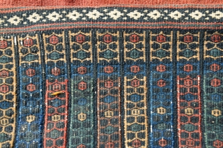 Afshar flatwoven khorjin, 53” X 26”. Early 20thC. Wool. Rare design and beautiful colors. Striped bridge, otherwise plainwoven madder red back. Excellent condition.          