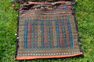 Afshar flatwoven khorjin, 53” X 26”. Early 20thC. Wool. Rare design and beautiful colors. Striped bridge, otherwise plainwoven madder red back. Excellent condition.          