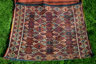 NE Anatolian flatwoven (reciprocal brocade) khorjin. 5’3” X 2’8”. Wool. Early 20thC. Beautiful natural dyes. Striped back. Incredibly fine workmanship, all complete and original.         