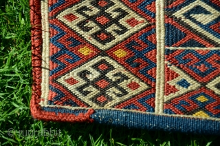 NE Anatolian flatwoven (reciprocal brocade) khorjin. 5’3” X 2’8”. Wool. Early 20thC. Beautiful natural dyes. Striped back. Incredibly fine workmanship, all complete and original.         