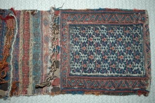 Shahsavan chanteh khorjin third quarter of 19th C 35"X 13" bud and flower design, soumac and brocade face and partition, plainweave back, good condition,  This is an unusually early example of  ...