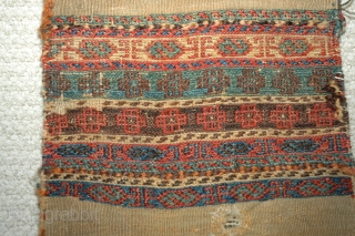 Shahsavan chanteh khorjin third quarter of 19th C 35"X 13" bud and flower design, soumac and brocade face and partition, plainweave back, good condition,  This is an unusually early example of  ...