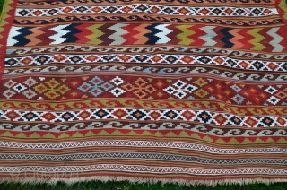 Qashqai kilim. 9'5" x 4'6". Late 19th c. Wool and cotton (white). Ivory wool warps. Saturated bright natural dyes. Ends and edges original and intact. Fine condition.      