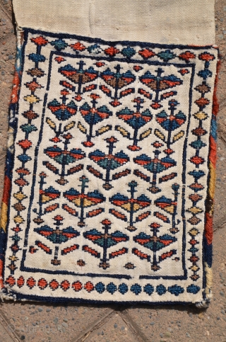 Antique Shahsavan flat woven mini khorjin 8-1/2" X 27".  Circa 1900. Soumac bud and flower design on cotton ground. All natural colors. Fine original condition.       