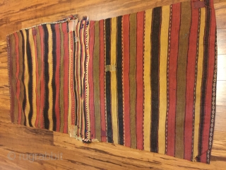 Baluch kilim flatwoven khorjin. 5’5”X2’7”. First part 20th C or earlier. Wool. Natural dyes. Few signs of use/small patches on striped back. Light cheery palette is unusual. Washed by me.   