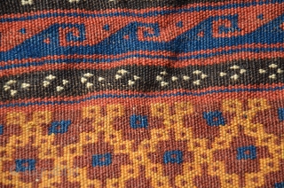 Baluch kilim flatwoven khorjin. 5’5”X2’7”. First part 20th C or earlier. Wool. Natural dyes. Few signs of use/small patches on striped back. Light cheery palette is unusual. Washed by me.   