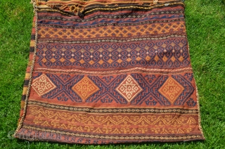 Baluch kilim flatwoven khorjin. 5’5”X2’7”. First part 20th C or earlier. Wool. Natural dyes. Few signs of use/small patches on striped back. Light cheery palette is unusual. Washed by me.   