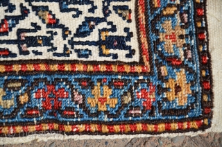 Antique Shahsavan flatwoven mini khorjin. 25" X 8-1/2", Circa 1900. Soumac technique in wool on cotton ground. Bud and flower designs with beautiful blue border. Natural dyes. Plainwoven back. Excellent condition.  