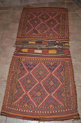 Uzbeki large flatwoven khorjin, slitwoven face and plainwoven striped back. 6 ft. 2 in. X 2 ft. 8 in. 19th C. Good condition with a few small patches and repairs. Favorable price.  ...