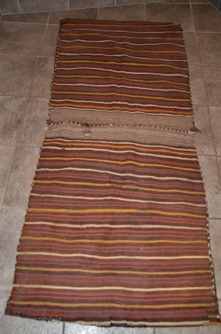 Uzbeki large flatwoven khorjin, slitwoven face and plainwoven striped back. 6 ft. 2 in. X 2 ft. 8 in. 19th C. Good condition with a few small patches and repairs. Favorable price.  ...