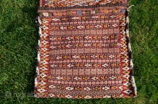 Rare antique flatwoven khorjin, Kalat-i-Naderi, 48" X 21". 19th C. Wool. Natural dyes. Fine condition for age.  Multiple weaving techniques- kilim, weft substitution, weft float, brocade. From a prominent eastern US  ...